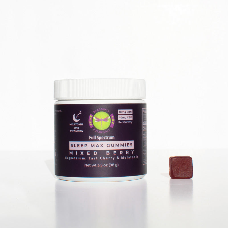Container of Sleep Max Gummies + Melatonin Mixed Berry with a gummy next to it on a white background